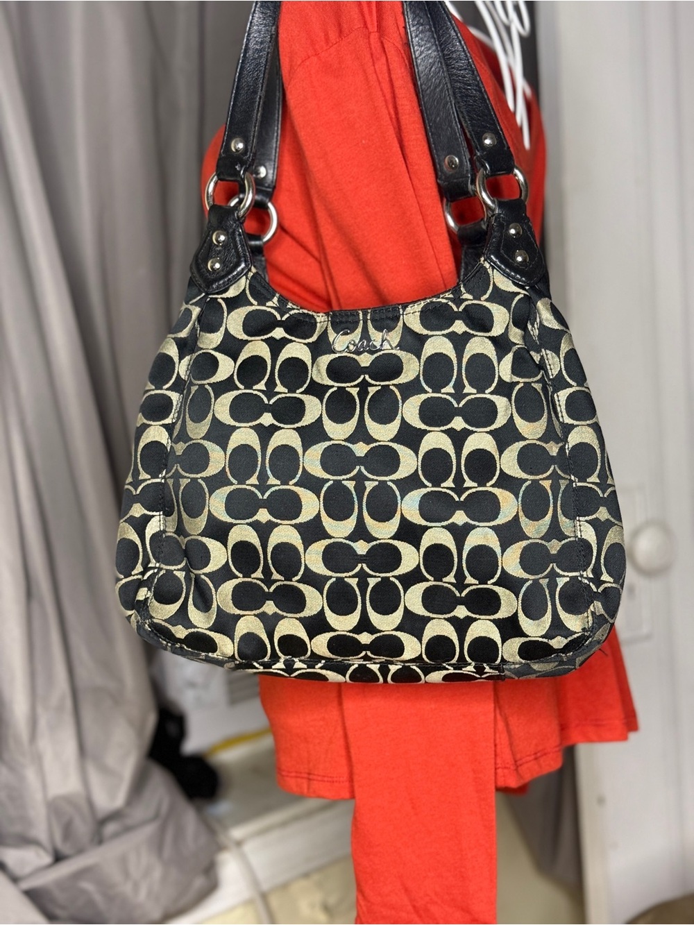 Coach Monogram Canvas Shoulder Bag in Black and Tan